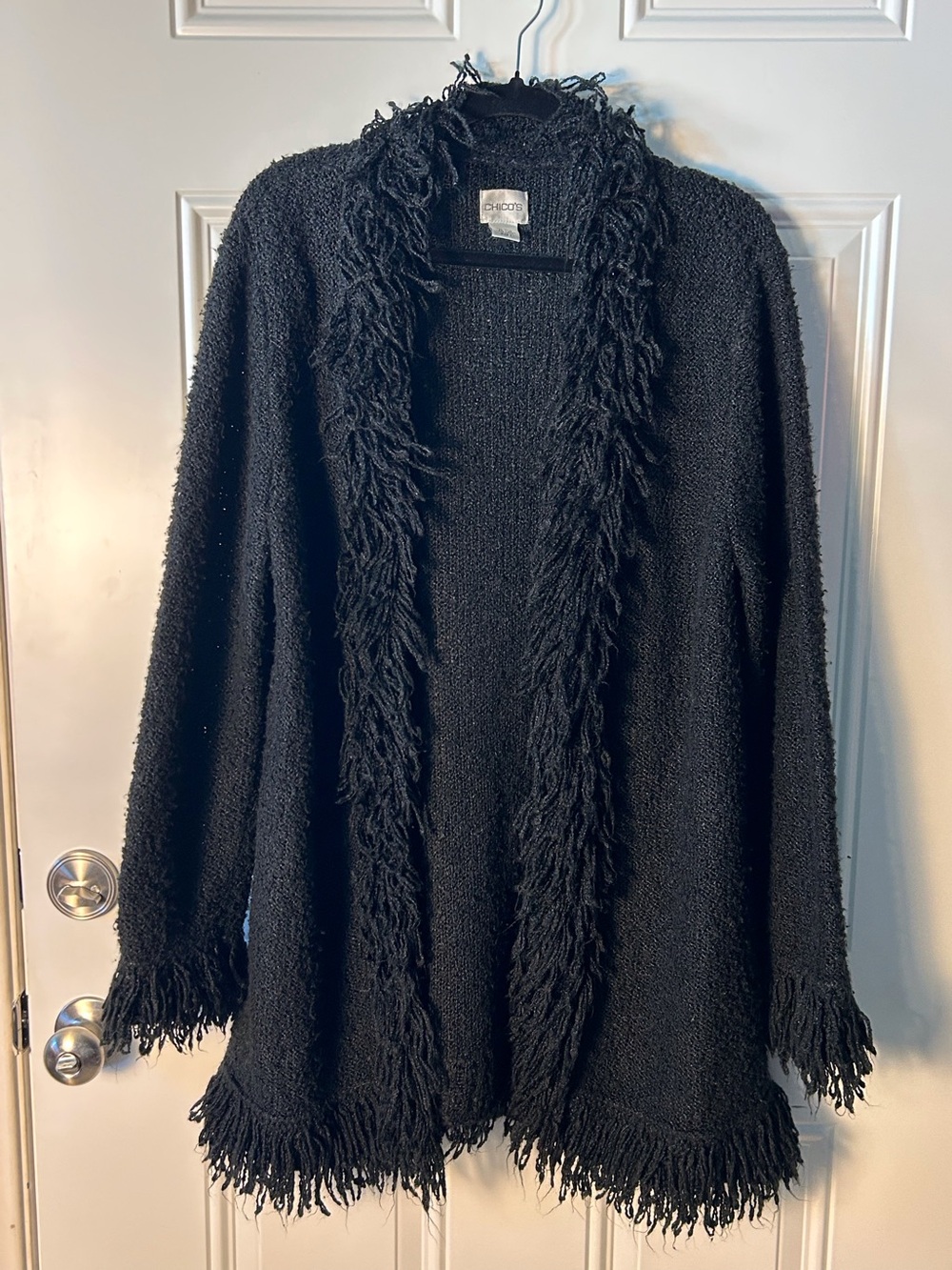 Chico's Black Fringe Trim Open-Front Cardigan M Whimsy Fairygoth Boho Teddy